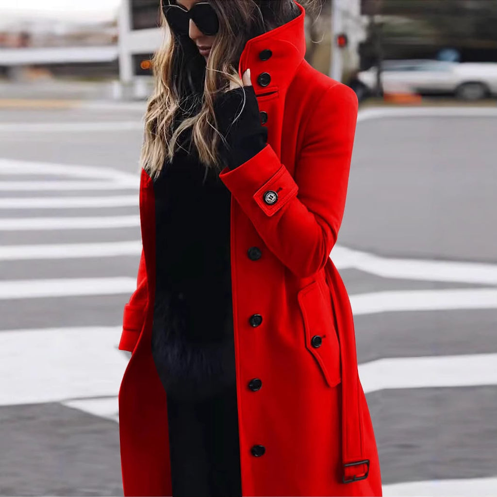 Women's Solid Color Woolen Coat In Polyester Fabric With Single Breasted Button Closure, Casual Style