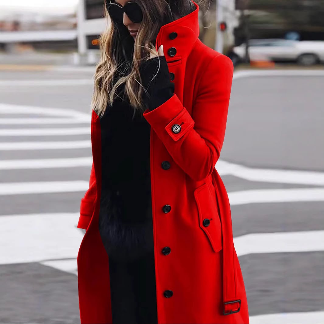 Women's Solid Color Woolen Coat In Polyester Fabric With Single Breasted Button Closure, Casual Style