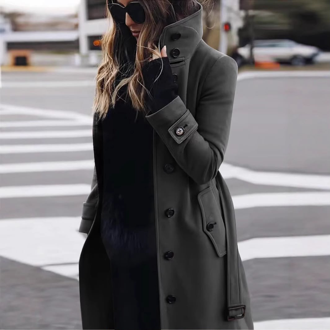 Women's Solid Color Woolen Coat In Polyester Fabric With Single Breasted Button Closure, Casual Style