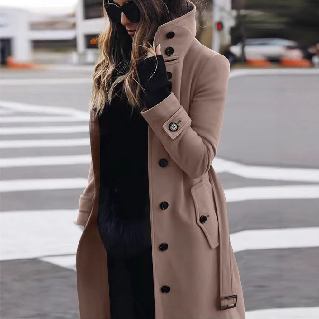 Women's Solid Color Woolen Coat In Polyester Fabric With Single Breasted Button Closure, Casual Style