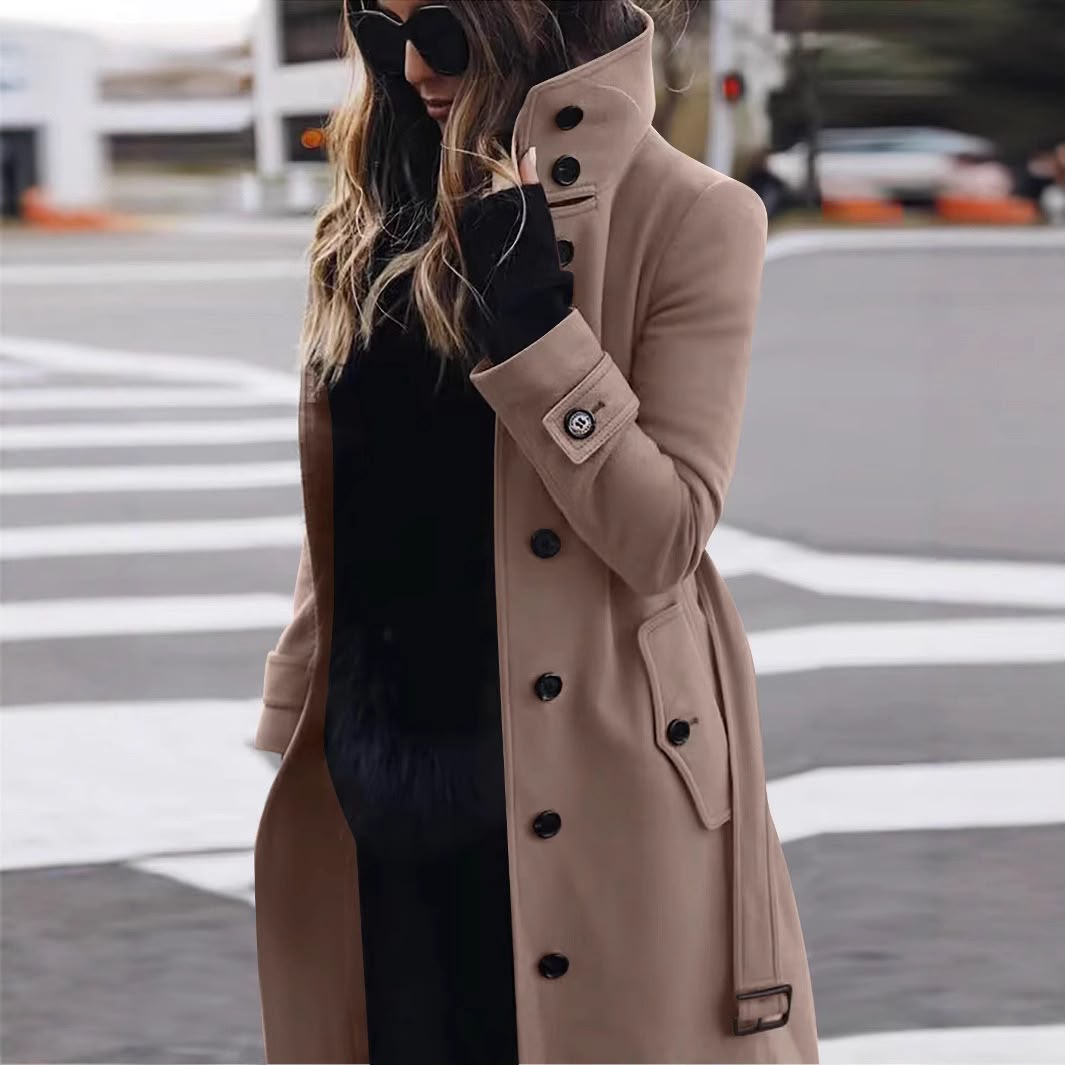 Women's Solid Color Woolen Coat In Polyester Fabric With Single Breasted Button Closure, Casual Style