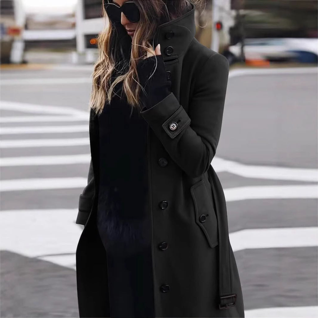 Women's Solid Color Woolen Coat In Polyester Fabric With Single Breasted Button Closure, Casual Style