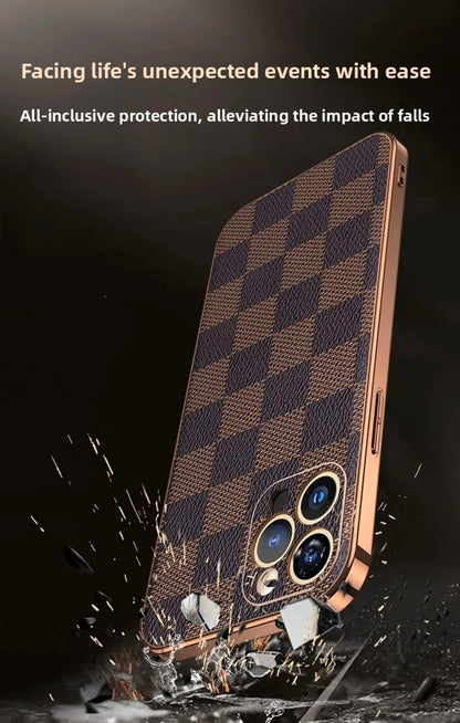 Plaid Business Pu Leather Phone Case For Apple Iphone In Coffer Color