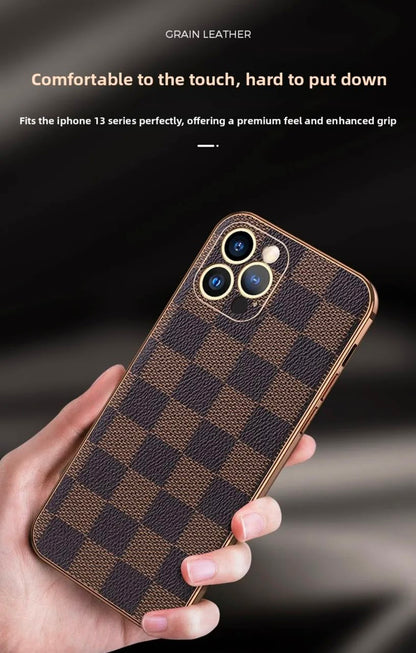 Plaid Business Pu Leather Phone Case For Apple Iphone In Coffer Color