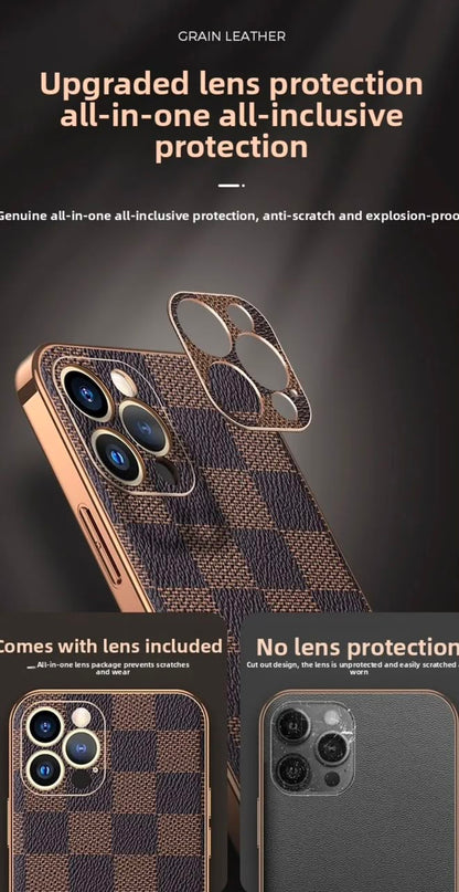 Plaid Business Pu Leather Phone Case For Apple Iphone In Coffer Color