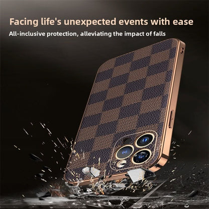 Plaid Business Pu Leather Phone Case For Apple Iphone In Coffer Color