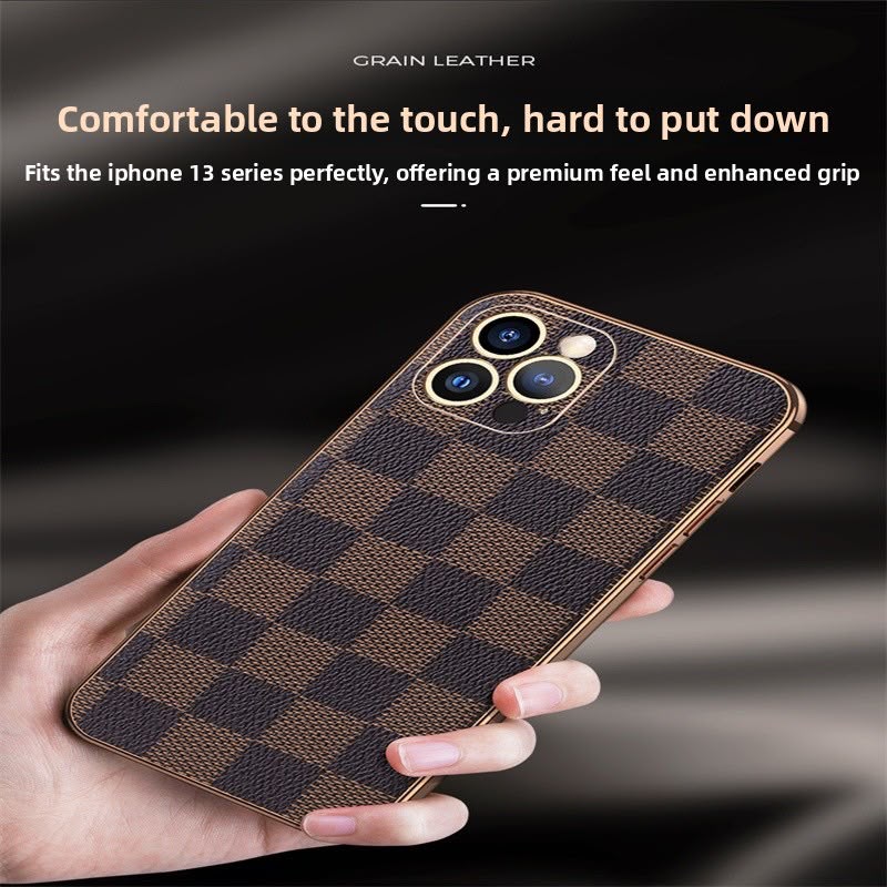 Plaid Business Pu Leather Phone Case For Apple Iphone In Coffer Color