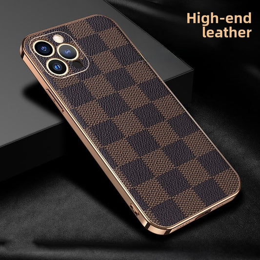 Plaid Business Pu Leather Phone Case For Apple Iphone In Coffer Color