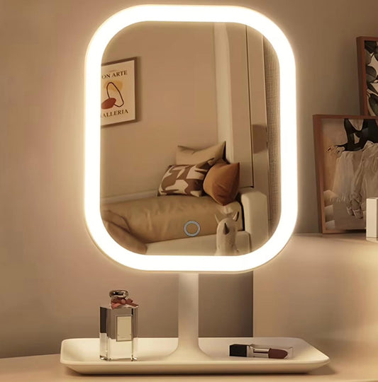LED Makeup Mirror, Rechargeable Desktop Vanity Mirror with Lights, 3 Light Modes, Touch Control, Adjustable Brightness, Portable Lighted Beauty Mirror, Travel Vanity Cosmetic Mirror with Lights