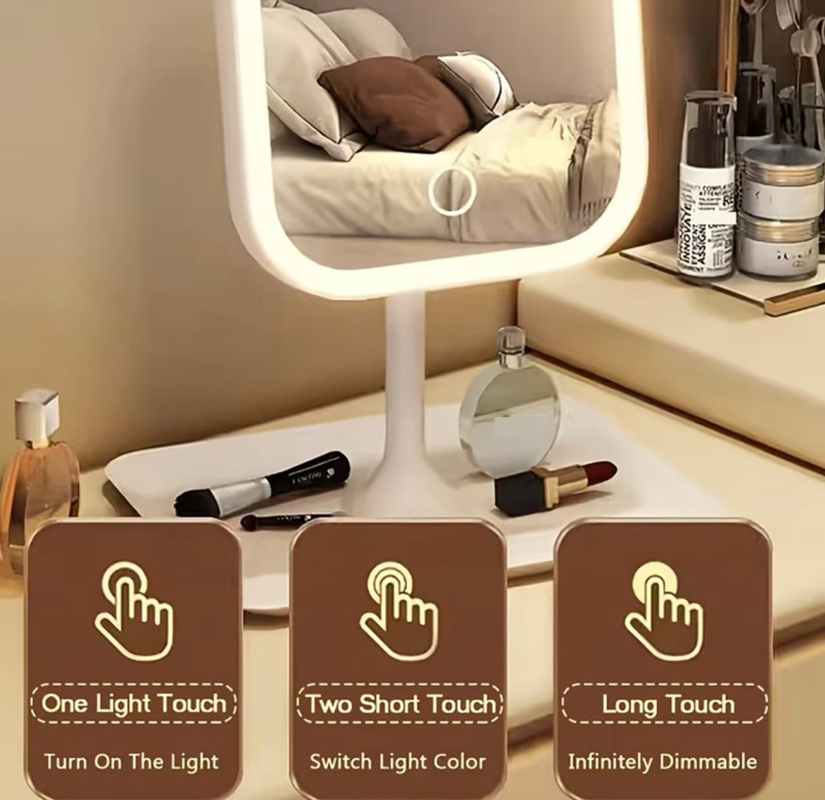 LED Makeup Mirror, Rechargeable Desktop Vanity Mirror with Lights, 3 Light Modes, Touch Control, Adjustable Brightness, Portable Lighted Beauty Mirror, Travel Vanity Cosmetic Mirror with Lights