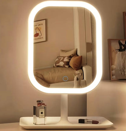 LED Makeup Mirror, Rechargeable Desktop Vanity Mirror with Lights, 3 Light Modes, Touch Control, Adjustable Brightness, Portable Lighted Beauty Mirror, Travel Vanity Cosmetic Mirror with Lights