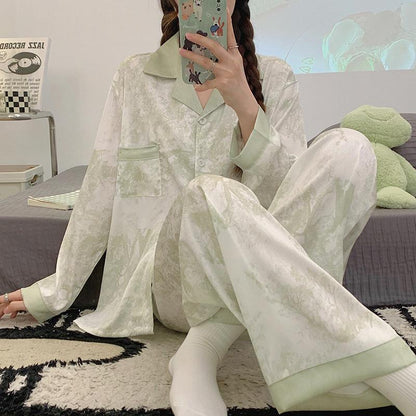 Women's Chinoiserie Pant Co-Ord Set In Imitated Silk Featuring Elaborate Printing, Ideal For Pajamas