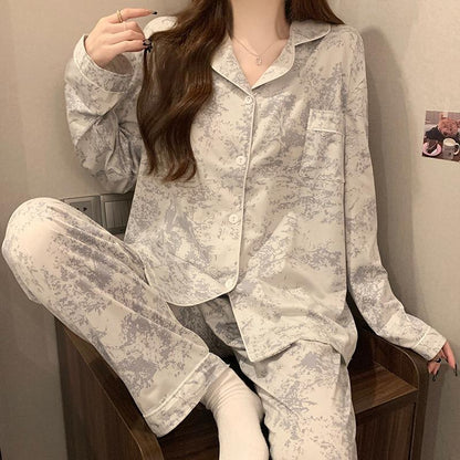 Women's Chinoiserie Pant Co-Ord Set In Imitated Silk Featuring Elaborate Printing, Ideal For Pajamas