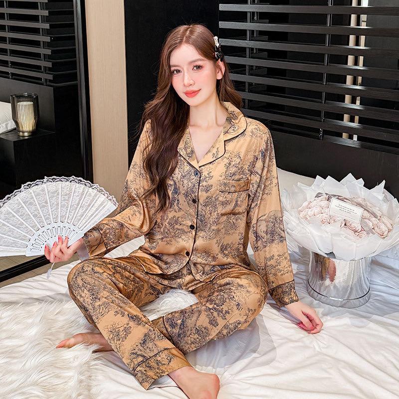 Women's Chinoiserie Pant Co-Ord Set In Imitated Silk Featuring Elaborate Printing, Ideal For Pajamas