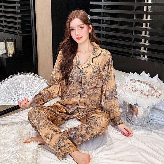 Women's Chinoiserie Pant Co-Ord Set In Imitated Silk Featuring Elaborate Printing, Ideal For Pajamas