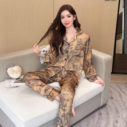 Women's Chinoiserie Pant Co-Ord Set In Imitated Silk Featuring Elaborate Printing, Ideal For Pajamas