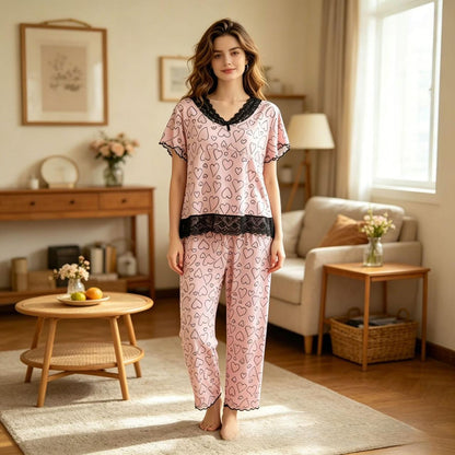 Sweet Heart Shape Pant Co-Ord Set For Women In Polyester Fabric Featuring Lace Craftwork, Ideal For Pajamas