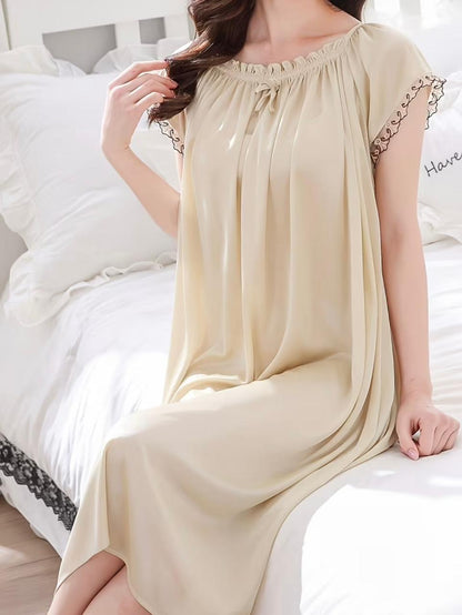 Women'S Summer Plus Size Sexy Ice Nightgown Wholesale Short Sleeve Long Dress Solid Color Home Sleepwear
