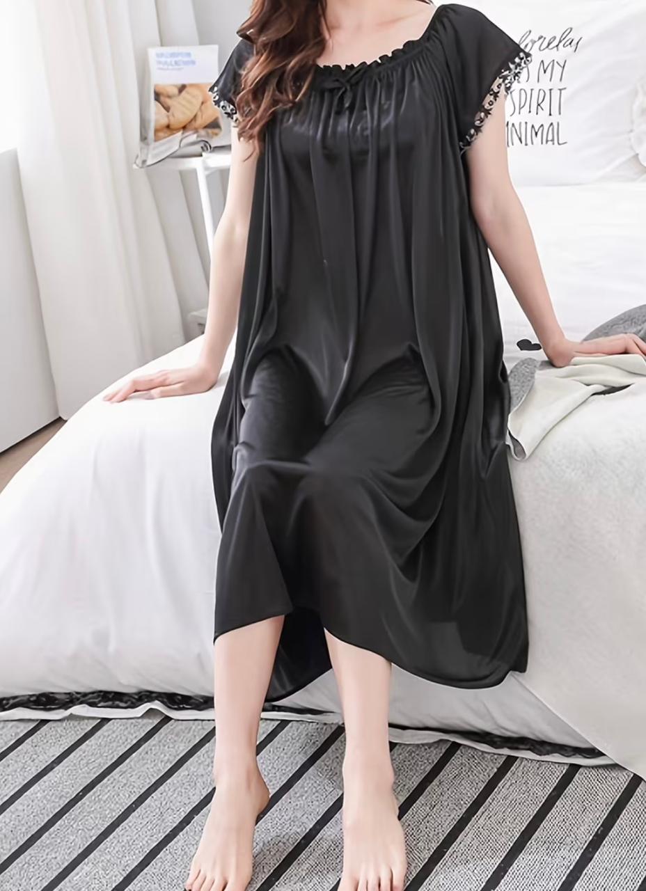 Women'S Summer Plus Size Sexy Ice Nightgown Wholesale Short Sleeve Long Dress Solid Color Home Sleepwear