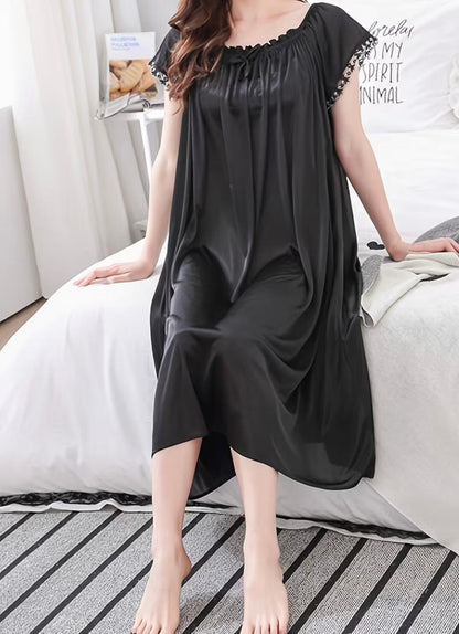 Women'S Summer Plus Size Sexy Ice Nightgown Wholesale Short Sleeve Long Dress Solid Color Home Sleepwear