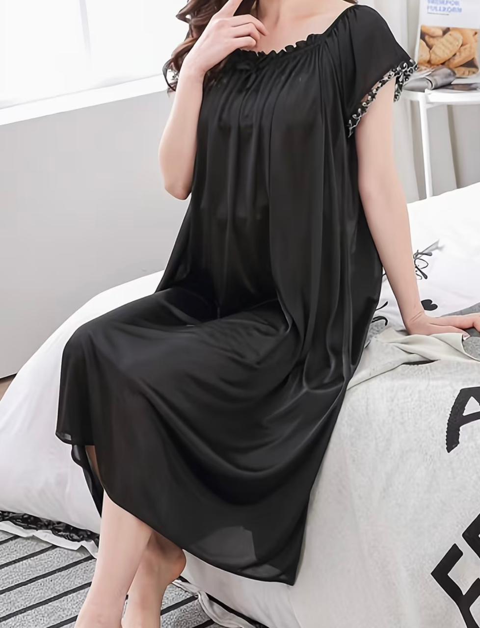 Women'S Summer Plus Size Sexy Ice Nightgown Wholesale Short Sleeve Long Dress Solid Color Home Sleepwear