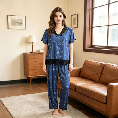 Sweet Heart Shape Pant Co-Ord Set For Women In Polyester Fabric Featuring Lace Craftwork, Ideal For Pajamas