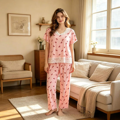 Sweet Heart Shape Pant Co-Ord Set For Women In Polyester Fabric Featuring Lace Craftwork, Ideal For Pajamas