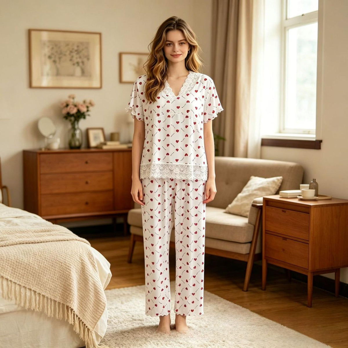 Sweet Heart Shape Pant Co-Ord Set For Women In Polyester Fabric Featuring Lace Craftwork, Ideal For Pajamas