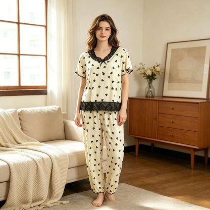 Sweet Heart Shape Pant Co-Ord Set For Women In Polyester Fabric Featuring Lace Craftwork, Ideal For Pajamas