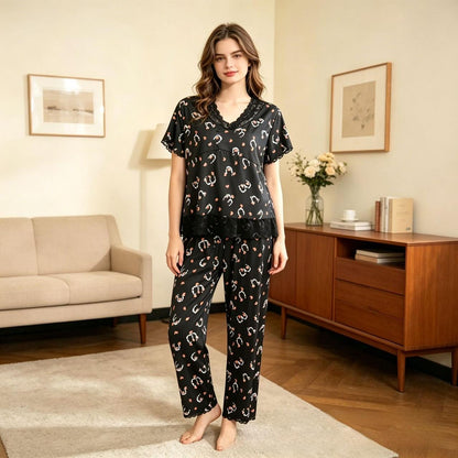 Sweet Heart Shape Pant Co-Ord Set For Women In Polyester Fabric Featuring Lace Craftwork, Ideal For Pajamas