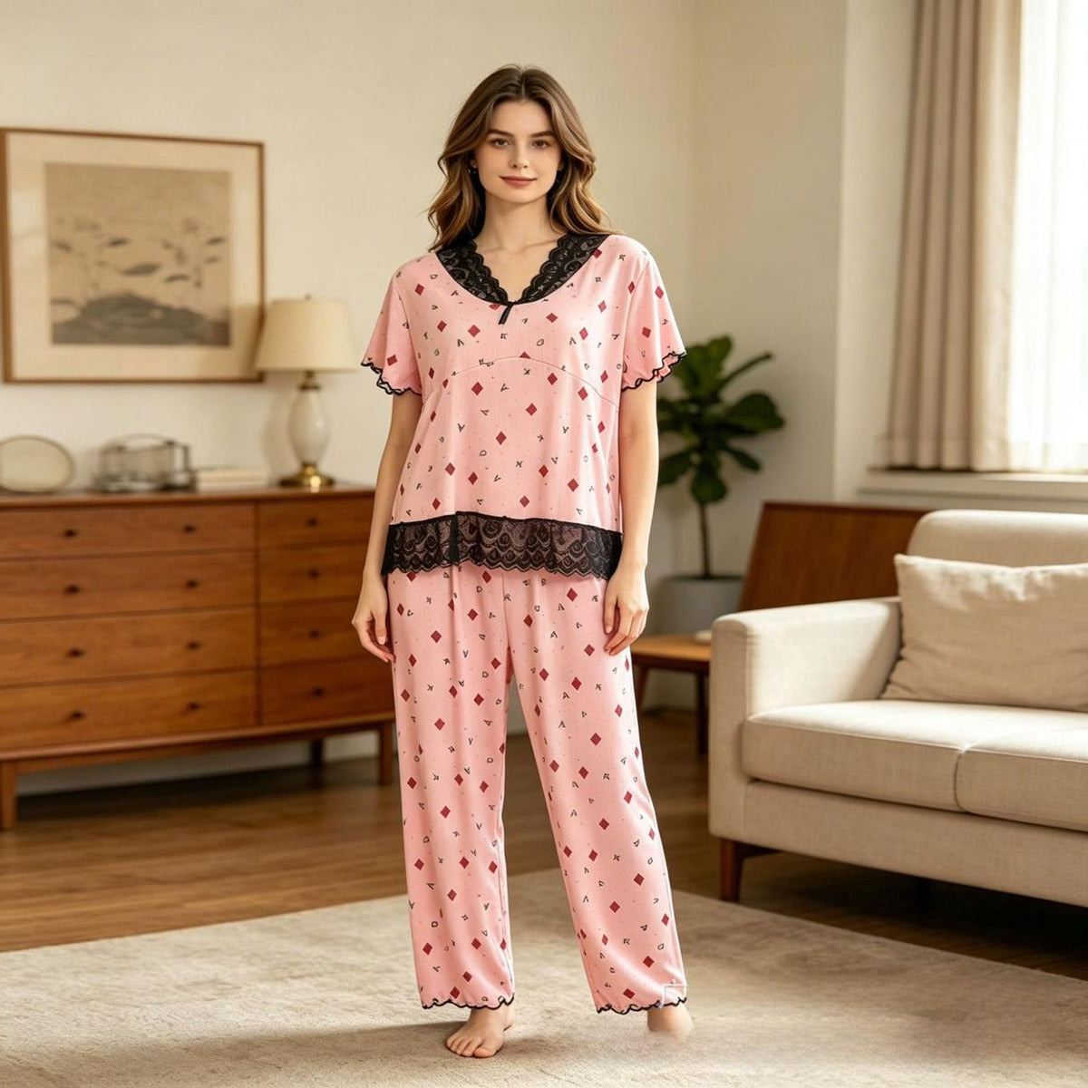 Sweet Heart Shape Pant Co-Ord Set For Women In Polyester Fabric Featuring Lace Craftwork, Ideal For Pajamas