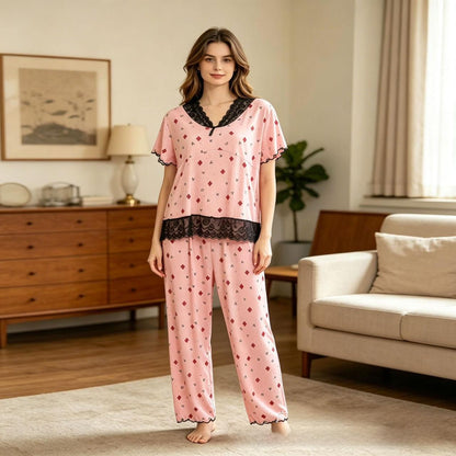 Sweet Heart Shape Pant Co-Ord Set For Women In Polyester Fabric Featuring Lace Craftwork, Ideal For Pajamas