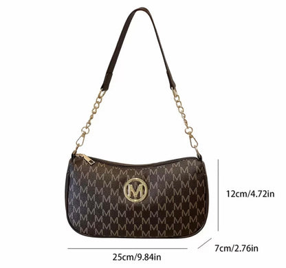 French Retro Underarm Bag Women'S New Letter Print Crossbody Small Square Bag with Chain Single Shoulder Handbag, Perfect for Ladies Adjustable Crossbody Strap with M Logo - Zipper Closure Shoulder Bag, Suitable for Daily Commute And Casual Outings