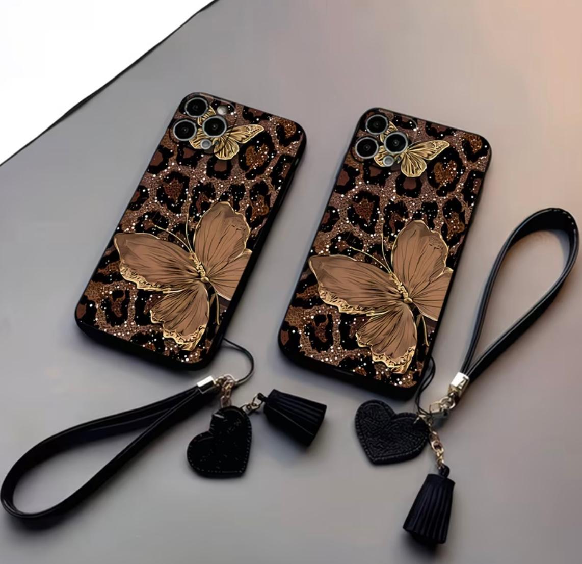 Leopard Print Butterfly UV Printed Pattern Design Black Magic Cube Phone Case, Suitable for iPhone 17/16/15/15/14/13/12/11 Protective Case, Trendy Item Phone Cover, Valentine's Day Gift, Birthday Gift, Christmas Gift, Halloween Gift