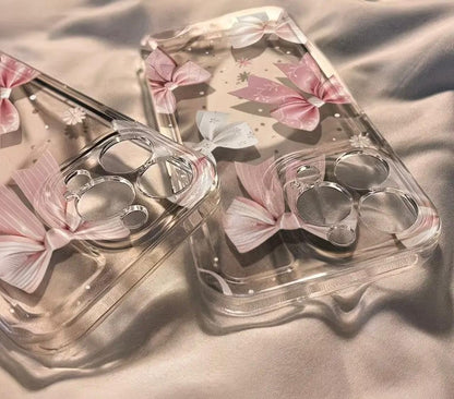 Pink and White Bow Pattern Phone Case, Suitable for iPhone 16, 16 Pro Max, 13, 14, 15, 15 Pro, 15 Pro Max, 16 Pro, XS Max, XR. Classic Transparent Color, Simple and Versatile, Lightweight, Shockproof, Stylish, Cute, and Durable Protective