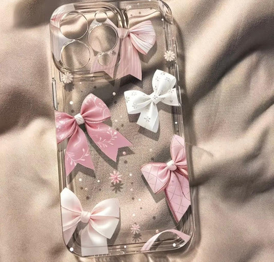 Pink and White Bow Pattern Phone Case, Suitable for iPhone 16, 16 Pro Max, 13, 14, 15, 15 Pro, 15 Pro Max, 16 Pro, XS Max, XR. Classic Transparent Color, Simple and Versatile, Lightweight, Shockproof, Stylish, Cute, and Durable Protective