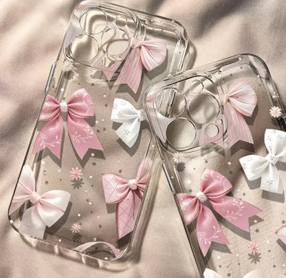 Pink and White Bow Pattern Phone Case, Suitable for iPhone 16, 16 Pro Max, 13, 14, 15, 15 Pro, 15 Pro Max, 16 Pro, XS Max, XR. Classic Transparent Color, Simple and Versatile, Lightweight, Shockproof, Stylish, Cute, and Durable Protective