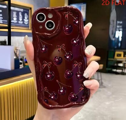 2D Flat Bow And Cherry Pattern Phone Case Suitable for Iphone Including 17/17Pro/17Promax/ 16/15/14/13/12 Phone Cases/11 Pro Max/Plus Durable Anti-Stain Anti-Fingerprint New Unisex Phone Case Protective Cover Very Suitable As New Year Gi