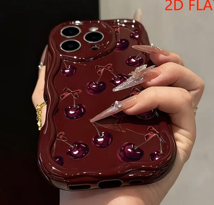 2D Flat Bow And Cherry Pattern Phone Case Suitable for Iphone Including 17/17Pro/17Promax/ 16/15/14/13/12 Phone Cases/11 Pro Max/Plus Durable Anti-Stain Anti-Fingerprint New Unisex Phone Case Protective Cover Very Suitable As New Year Gi