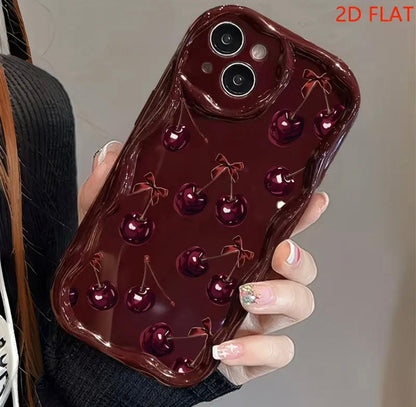 2D Flat Bow And Cherry Pattern Phone Case Suitable for Iphone Including 17/17Pro/17Promax/ 16/15/14/13/12 Phone Cases/11 Pro Max/Plus Durable Anti-Stain Anti-Fingerprint New Unisex Phone Case Protective Cover Very Suitable As New Year Gi