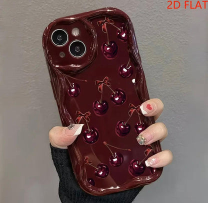 2D Flat Bow And Cherry Pattern Phone Case Suitable for Iphone Including 17/17Pro/17Promax/ 16/15/14/13/12 Phone Cases/11 Pro Max/Plus Durable Anti-Stain Anti-Fingerprint New Unisex Phone Case Protective Cover Very Suitable As New Year Gi