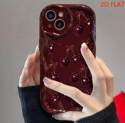 2D Flat Bow And Cherry Pattern Phone Case Suitable for Iphone Including 17/17Pro/17Promax/ 16/15/14/13/12 Phone Cases/11 Pro Max/Plus Durable Anti-Stain Anti-Fingerprint New Unisex Phone Case Protective Cover Very Suitable As New Year Gi