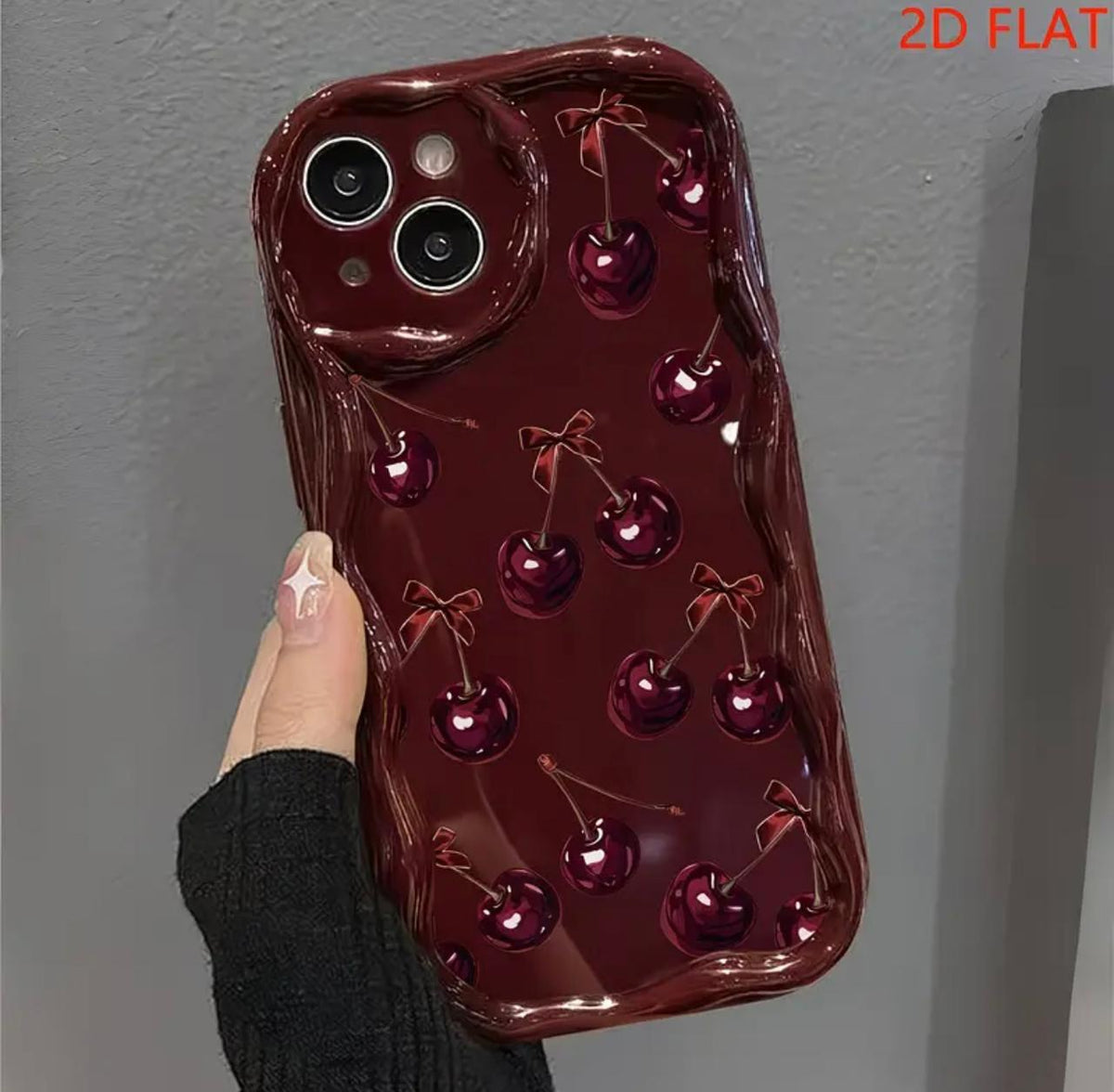 2D Flat Bow And Cherry Pattern Phone Case Suitable for Iphone Including 17/17Pro/17Promax/ 16/15/14/13/12 Phone Cases/11 Pro Max/Plus Durable Anti-Stain Anti-Fingerprint New Unisex Phone Case Protective Cover Very Suitable As New Year Gi