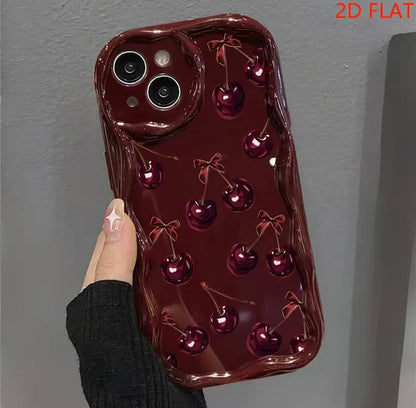 2D Flat Bow And Cherry Pattern Phone Case Suitable for Iphone Including 17/17Pro/17Promax/ 16/15/14/13/12 Phone Cases/11 Pro Max/Plus Durable Anti-Stain Anti-Fingerprint New Unisex Phone Case Protective Cover Very Suitable As New Year Gi