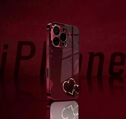 Phone Case - [2D] Heart Pattern Electroplated Wine Red New Mobile Phone Case Glass Protective Cover Suitable for Iphone 1717 Pro17 Air17 Pro Max1616 Pro16 Plus16 Pro Max1515 Pro15 Pro Max1414 Pro14 PLUS14 Pro Max1313 Pro13 Pro Max1211 Beautiful High