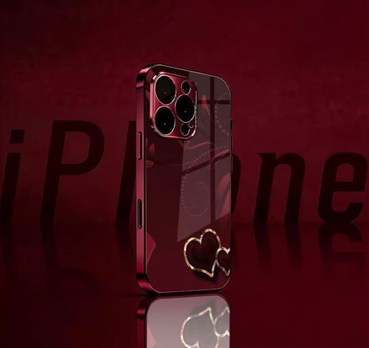 Phone Case - [2D] Heart Pattern Electroplated Wine Red New Mobile Phone Case Glass Protective Cover Suitable for Iphone 1717 Pro17 Air17 Pro Max1616 Pro16 Plus16 Pro Max1515 Pro15 Pro Max1414 Pro14 PLUS14 Pro Max1313 Pro13 Pro Max1211 Beautiful High