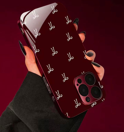 Phone Case: Wine Red and White Bow Electroplated Wine Red New Phone Case Glass Protective Cover, Suitable for iPhone 17/17 Pro/17 Air/17 Pro Max/16/16 Pro/16 Plus/16 Pro Max/15/15 Pro/15 Pro Max/14/14 Pro/14 PLUS/14 Pro Max/ 13/13 Pro/13 Pro Max