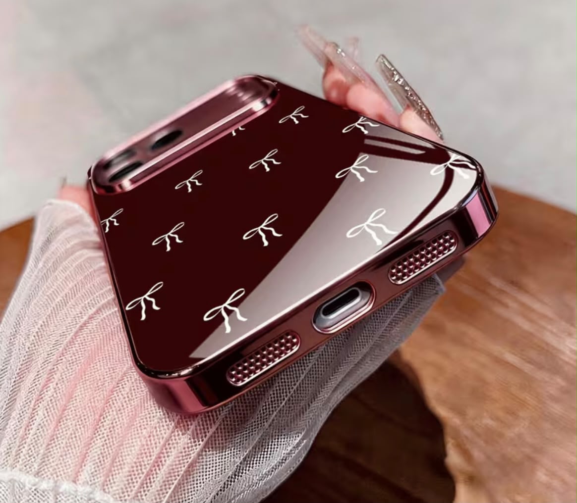 Phone Case: Wine Red and White Bow Electroplated Wine Red New Phone Case Glass Protective Cover, Suitable for iPhone 17/17 Pro/17 Air/17 Pro Max/16/16 Pro/16 Plus/16 Pro Max/15/15 Pro/15 Pro Max/14/14 Pro/14 PLUS/14 Pro Max/ 13/13 Pro/13 Pro Max