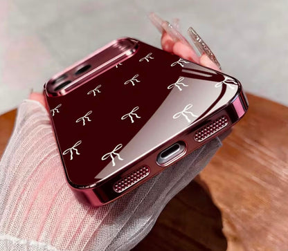 Phone Case: Wine Red and White Bow Electroplated Wine Red New Phone Case Glass Protective Cover, Suitable for iPhone 17/17 Pro/17 Air/17 Pro Max/16/16 Pro/16 Plus/16 Pro Max/15/15 Pro/15 Pro Max/14/14 Pro/14 PLUS/14 Pro Max/ 13/13 Pro/13 Pro Max