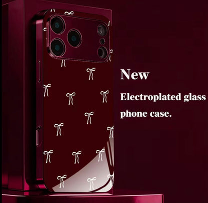 Phone Case: Wine Red and White Bow Electroplated Wine Red New Phone Case Glass Protective Cover, Suitable for iPhone 17/17 Pro/17 Air/17 Pro Max/16/16 Pro/16 Plus/16 Pro Max/15/15 Pro/15 Pro Max/14/14 Pro/14 PLUS/14 Pro Max/ 13/13 Pro/13 Pro Max